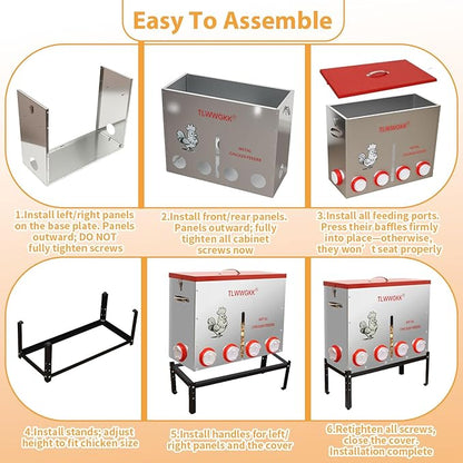 85 lbs Large Automatic Chicken Feeder - 10-Port No-Waste Dispenser with Visual Window & Height-Adjustable Legs - Rodent/Goat Proof, All-Weather Heavy-Duty Galvanized Metal Design for Outdoor Poultry