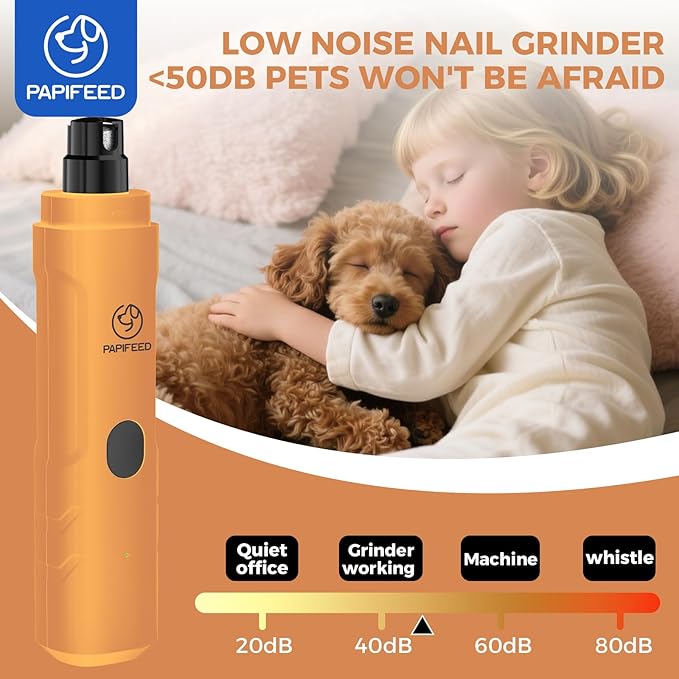 PAPIFFEED Dog Nail Grinder Upgraded with 2 LED Lights, 3-Speed Rechargeable & Quiet - Upgraded Electric Pet Nail Trimmer for Small Medium Large Dogs & Cats, Painless Paws Grooming Tool - Orange