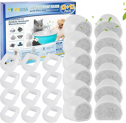 12+12 Pack Cat Water Fountain Filter, Pre-Sponge & Replacement Carbon Filters Compatible with Petsafe for Drinkwell Fountain Avalon Pagoda Seascape Pet Fountains