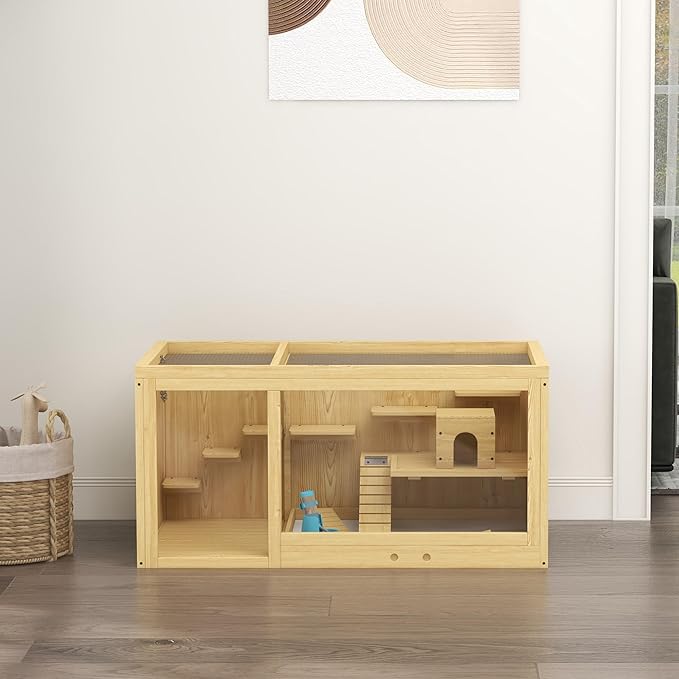 PawHut Wooden Hamster Cage, Extra Large Gerbil Cage, Multi-Layer Small Animal Cage for Dwarf Hamster, Activity Center with Pull-Out Tray, Seesaws, Water Bottle, Ladder, Openable Top