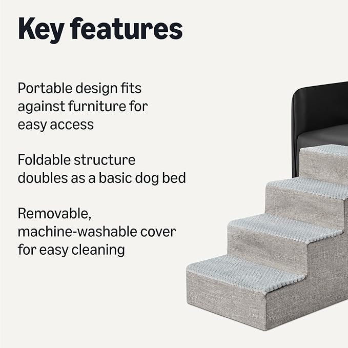 Amazon Basics Dog Steps,18.7" H, 4-Step Dog Stairs for High Bed Couch and Sofa, Non-Slip Bottom Pet Stairs for Indoor Dogs and Cats, Grey