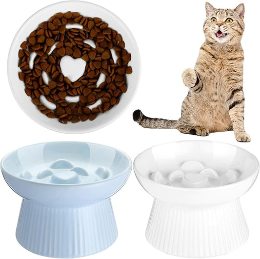 Tioncy 2 Pcs Raised Cat Slow Feeder Bowl Ceramic Elevated Cat Dog Food Bowl No Spill High Edge for Dry Wet Food and Water Easy to Clean, Dishwasher Safe(White, Blue)