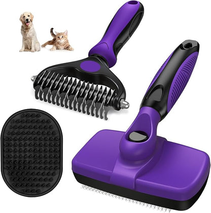 3PCS Self Cleaning Slicker Brush & Pet Grooming Rake & Bath Brush for Dogs,Cats and Horses | Double-Sided Dematting Comb & Skin Friendly Deshedding Grooming Tool | Pet Supplies (Purple Black)