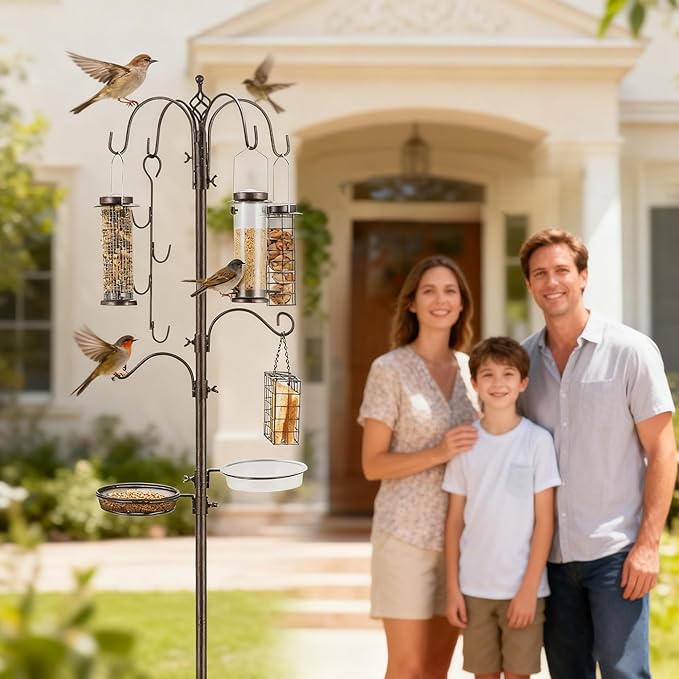 Bird Feeding Station Kit Pole Wild Bird Feeder Hanging Planter Hanger Multi Feeder Hanging with Metal Suet Feeder Bird Bath for Attracting Wild Birds