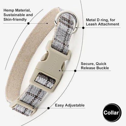 Plutus Pet Cotton Hemp Dog Collar and Leash Set, Adjustable Collar for Small, Medium, and Large Dogs, Heavy Duty and Soft on Skin, Gray Plaid, S