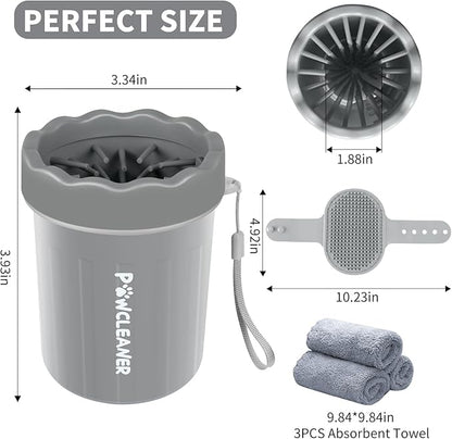 Professional 7 in 1 Dog Paw Cleaner for Dogs & Cats - Includes 1 Portable Paw Washer, 1 Bath Brush, 2 Dog Toothbrushes and 3 Absorbent Towels Note: Fits Paws up to 2 Inches Wide (Small, Grey)