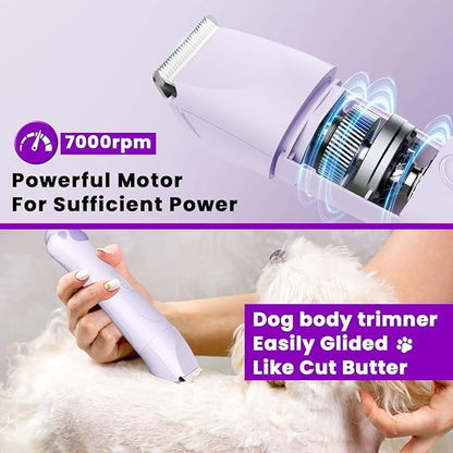 Dog Paw Trimmer - 4-in-1 Dog Clippers Grooming Kit with Low Noise & IPX7 Waterproof Design Includes Comb Paw Trimmer Nail Grinder - Rechargeable & Cordless Pet-Friendly Clipper (Purple)