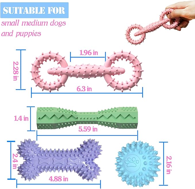4 Pack Puppy Toys for 2-8 Months Pets Dog Chew Toy for Small Puppies Teething Toys for Cleaning Teeth Food Dispensing Soft Durable Rubber Bone Funny Ball Interactive Donut Treat Dumbbell (Mix Color)