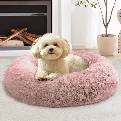 JOLLYVOGUE Small Dog & Cat Beds for Indoor Cats, Donut Cuddler Warming Soft Dog Beds with Anti-Slip Bottom, Round Calming Fluffy Plush Faux Fur Cushion Bed for Small Dogs (23", Dark Pink)