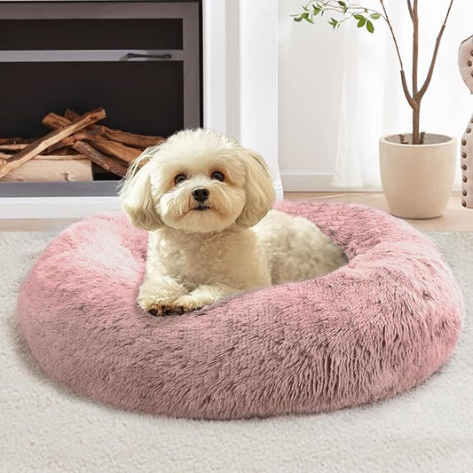 JOLLYVOGUE Small Dog & Cat Beds for Indoor Cats, Donut Cuddler Warming Soft Dog Beds with Anti-Slip Bottom, Round Calming Fluffy Plush Faux Fur Cushion Bed for Large Dogs (36", Dark Pink)