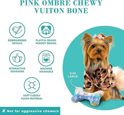 Haute Diggity Dog Pink Ombre Chewy Vuiton Bone, Plush Designer Dog Toys with Interactive Squeaker, Stimulating Pet Enrichment, Machine-Washable & Safe Materials for All Breeds, Size Large