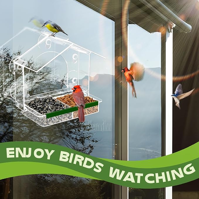 Window Bird Feeder with 5 Extra Strong Suction Cups, Clear Birdfeeders for Outdoors, Sturdy and Durable Bird House for Window Viewing Outside,Garden Decor Gifts for Bird Lover