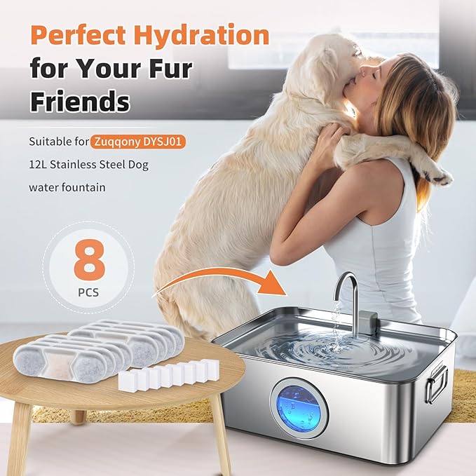 8 Pack Dog Fountain Filter Replacement for Zuqqony 12L/3.2Gal Stainless Steel Large Dog Water Fountain, DYSJ01 Dog Water Bowl Dispenser for Large Dogs or Multi-Pet Home
