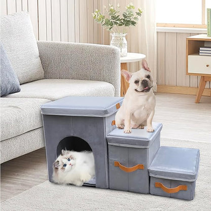 24" H Dog Stairs for High Beds Up to 32" H - Pet Steps for Small Medium or Large Dogs, Foldable Cat Stairs with Storage & Condo, 3-Step Pet Stairs for Couch & Window Sill, Hold Up to 150Lbs