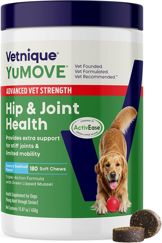 Yumove Hip & Joint Supplement for Dogs with Glucosamine, Hyaluronic Acid, Green Lipped Mussel & Omega 3 Joint Supplement - Regular or Advanced Strength (180 Count, Advanced Vet Strength Soft Chews)