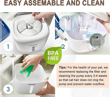 Stainless Steel Lid Cat Water Fountain 74Oz/2.2L for Drinking - Pet Fountain for Small Animal - Dogs Waterer Bowls Indoor