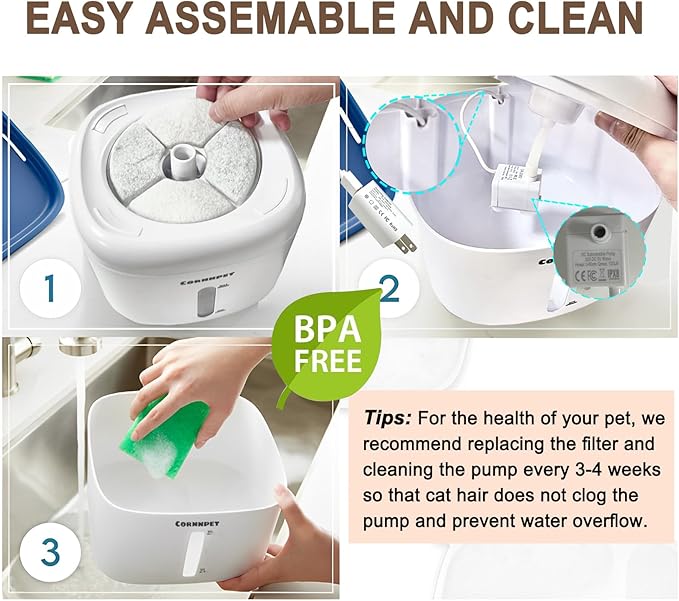 Cat Water Fountain 74Oz/2.2L - Dogs Drinking Waterer Bowls Indoor - Pet Water Fountain - Ultra Silent - Kitten Drinking Fountains with 3 Filters and 1 Mat