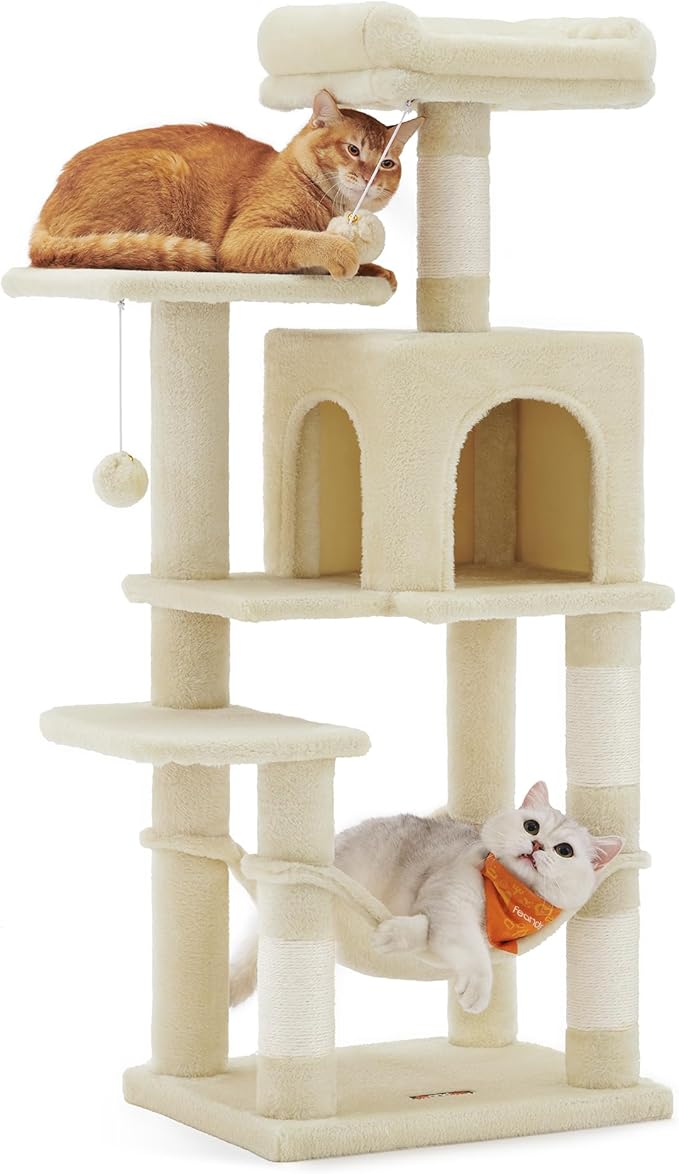 Feandrea Cat Tree, 44.1-Inch Cat Tower, Plush Multi-Level Condo with 4 Scratching Posts, 2 Perches, Hammock, Cave, Beige UPCT261M01