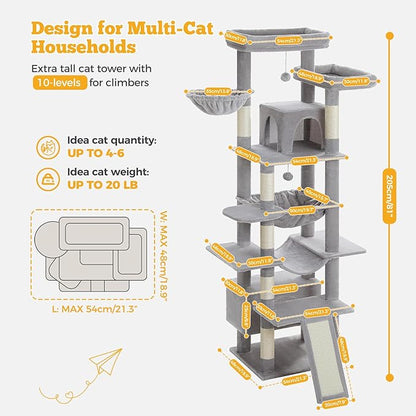 81" Heavy Duty Cat Tree for Large Cats up to 20lbs - Extra Tall Cat Tower with Metal Frame Hammock, 6 Sisal Scratching Posts, 2 Perches - Indoor Cat Furniture for Maine Coon, Big Cats, Gray