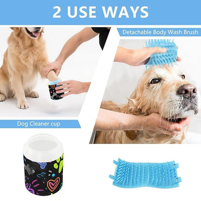 Dog Paw Cleaner Cups for Dogs Pet Foot Washer Paw Scrubber for Medium Small Dogs Cats Cleaning Cup Black Art Paw Print and Hearts