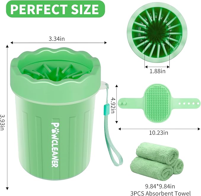 Professional 7 in 1 Dog Paw Cleaner for Dogs & Cats - Includes 1 Portable Paw Washer, 1 Bath Brush, 2 Dog Toothbrushes and 3 Absorbent Towels Note: Fits Paws up to 2 Inches Wide (Small, Light Green)