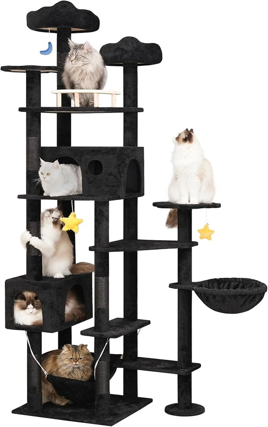 79inch Giant Cat Tree for Heavy Duty Big Cats, Multi-Level Luxury Cat Tower with Scratching Post, Cat Condo with Hammocks & Plush Perches for Indoor Cats Large Adult, Black