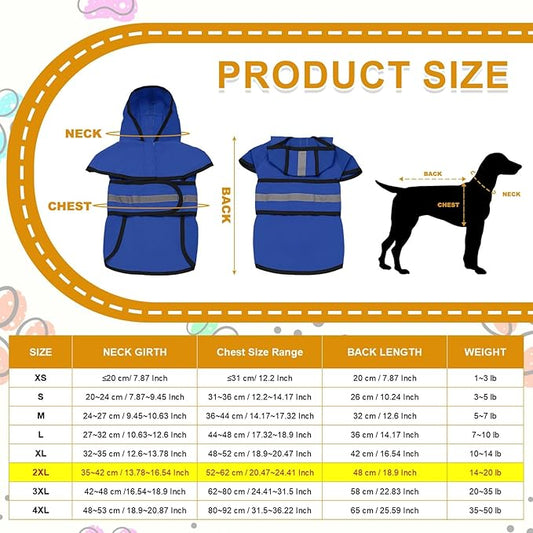 Dog Raincoat, Dog Rain Jacket Waterproof Jacket Reflective Adjustable Hooded Pet Rain Coat with Leash Hole, (Blue, 2XL), Intended for Large Medium Small Puppies