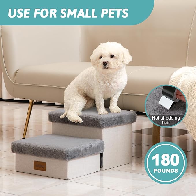 Pet Stair for Small Dogs with Storage, Foldable Dog Ramp with Soft Cover, Older Cat Steps for Chair Couch Sofa, Lightweight, Comfort, 19.7x13x9.6 inch, 2 Tiers, Grey