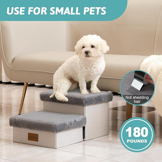 Pet Stair for Small Dogs with Storage, Foldable Dog Ramp with Soft Cover, Older Cat Steps for Chair Couch Sofa, Lightweight, Comfort, 19.7x13x9.6 inch, 2 Tiers, Grey