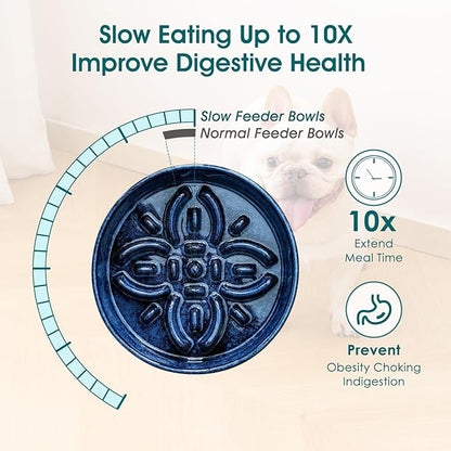 vancasso Ceramic Slow Feeder Dog Bowls, Puzzle Dog Food Bowls with Floral Maze, Anti -Slip Pet Food Dish for Small Breed, 0.6 Cups, Blue