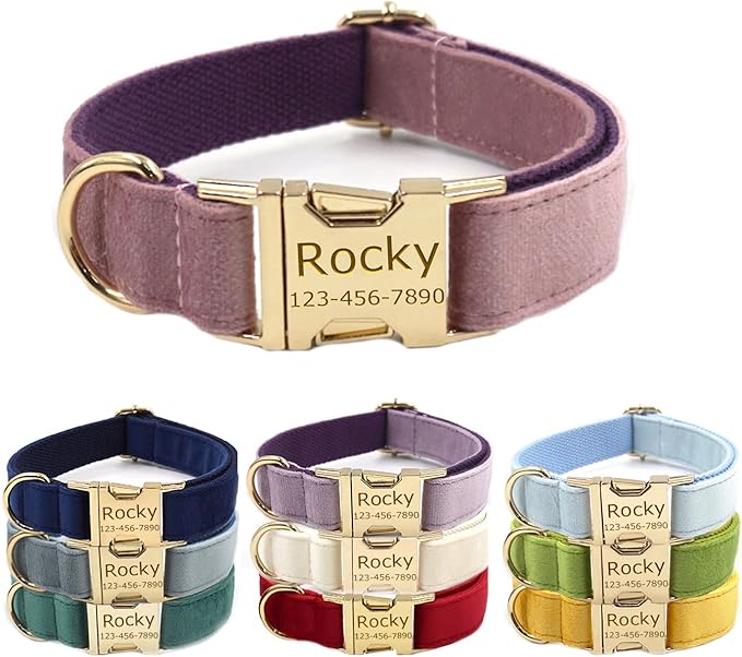 Personalized Velvet Dog Collars with Pet Name Phone Number Engraved, Custom Adjustable Soft Collar with Metal Buckle for Small Medium Large Dogs, Dog Leash and Bow Tie Available -Pink Purple
