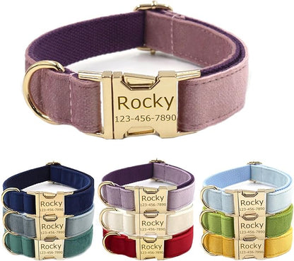 Personalized Velvet Dog Collars with Pet Name Phone Number Engraved, Custom Adjustable Soft Collar with Metal Buckle for Small Medium Large Dogs, Dog Leash and Bow Tie Available -Pink Purple