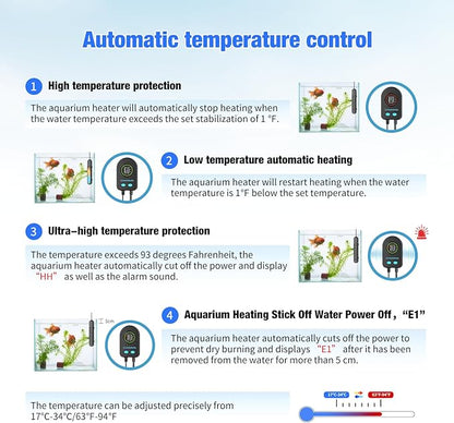 Submersible Aquarium Heater 100W/200W/300W/500W, Fish Tank Heater with high-Temperature Protection and Turtle Tank Heater with Automatic Power-Off When Leaving seawater or Freshwater.