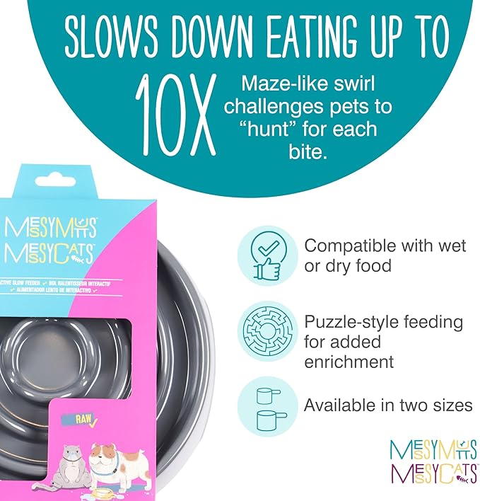 Messy Mutts Interactive Slow Feeder | Puzzle Slow Feeder Dog or Cat Bowl | Enrichment Food Dish to Slow Eating, Prevent Bloating | 8” x 1.3” | 1.75 Cup | Cool Grey