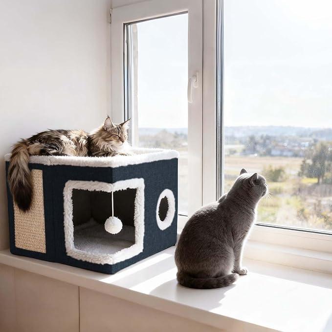 Cat Beds for Indoor Cats,Cat Cave,Cat Scratch House,Foldable Cat Cave Bed for Large and Small Pets,Fluffy Ball and Scratch Pad,16.14x16.14x12.2in,Navy Blue
