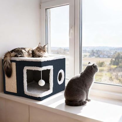 Cat Beds for Indoor Cats,Cat Cave,Cat Scratch House,Foldable Cat Cave Bed for Large and Small Pets,Fluffy Ball and Scratch Pad,16.14x16.14x12.2in,Navy Blue