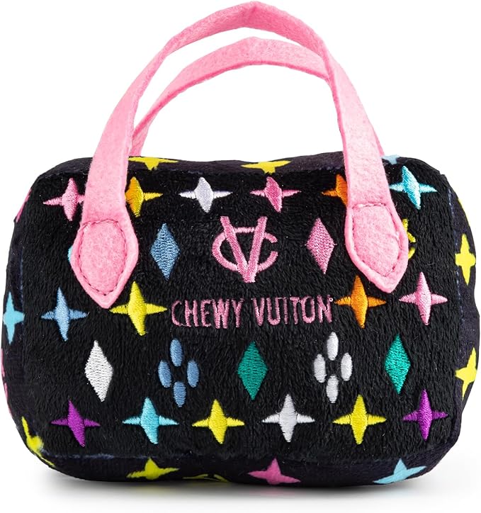 Haute Diggity Dog Black Monogram Chewy Vuiton Handbag, Plush Designer Dog Toys with Interactive Squeaker, Stimulating Pet Enrichment, Machine-Washable & Safe Materials for All Breeds, Size Small