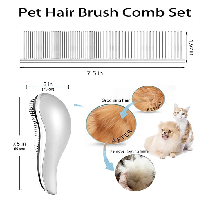 YOFANG 2PCS Mini Cleaning Brush and Cat Comb,Portable Skin Friendly Deshedding Grooming Tool for Dogs, Cats and Small Animals,Professional Deshedding Brush Effectively Remove Tangles & Knots,Sliver ﻿