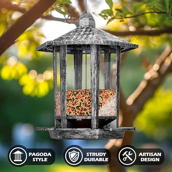 Birdream 2 Pack Bird Feeders for Outdoor, Retro Pagoda Design Fun Installation Bird Feeder, Attracting Wild Birds Chickadees Goldfinches Cardinals Finches and Sparrows - Retro Silver
