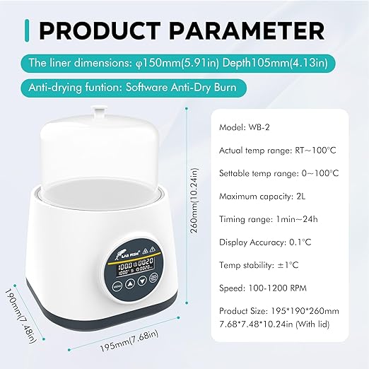 LAB FISH 2L Lab Water Bath(WB-2), 100℃ Precision Heating, Stainless Steel Tank with Timer & Anti-Dry Burn Protection