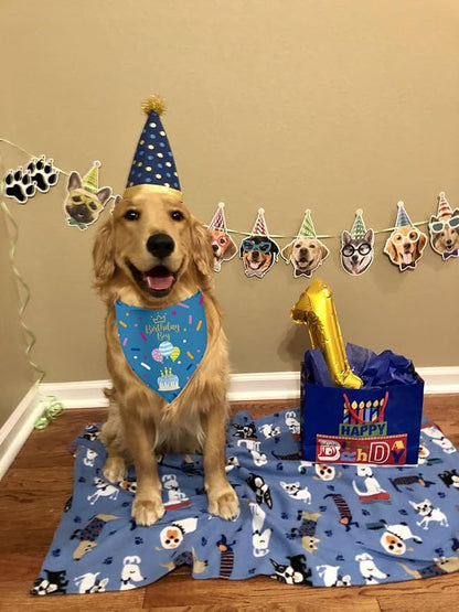 Birthday Boy Dog Bandana Puppy Scarf, Adjustable Triangle Double-Layer Reversible Pet Bandanas for Dogs Boy Birthday Party XL