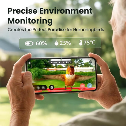 Birdfy Hummingbird Feeder with Dual Cameras - 2K HD Smart Cameras Solar Powered, Close-Up Bird Video/Live Watching & Instant Notifications, Ant Moat & Leakproof - 20oz (AI Lifetime)