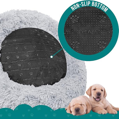 PetAmi Calming Dog Bed for Small Medium Dog Cat, Round Donut Dog Bed Washable, Fluffy Faux Fur Plush Cuddler Pet Kitten Cushion Bed, Anti-Slip, Fits up to 25 lbs, 23 inch, Light Gray