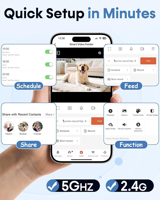 Large Dog Automatic Feeder with Camera: 12L/50 Cups Home Smart Dog Feeder for 20 Days Feeding - Anti-Clog with 20mm Wide Chute for Big Breed Owner