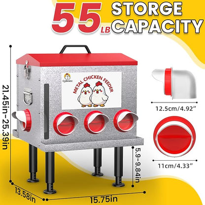 Cybrasc 10-Gal 55LB Metal Chicken Feeder with Window, Dual No-Waste & Rat-Proof Design, Automatic Large Chicken Feeder for Outdoor Coops, Rust-Proof Alloy Steel Poultry Feeder with Adjustable Legs