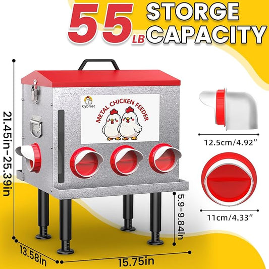 Cybrasc 10-Gal 55LB Metal Chicken Feeder with Window, Dual No-Waste & Rat-Proof Design, Automatic Large Chicken Feeder for Outdoor Coops, Rust-Proof Alloy Steel Poultry Feeder with Adjustable Legs