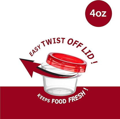 (4 Ounce 10 Pack) Twist cap Containers Clear Bottom With Red Top Screw on Lids Twist Top Food Storage Freezer Reusable Containers