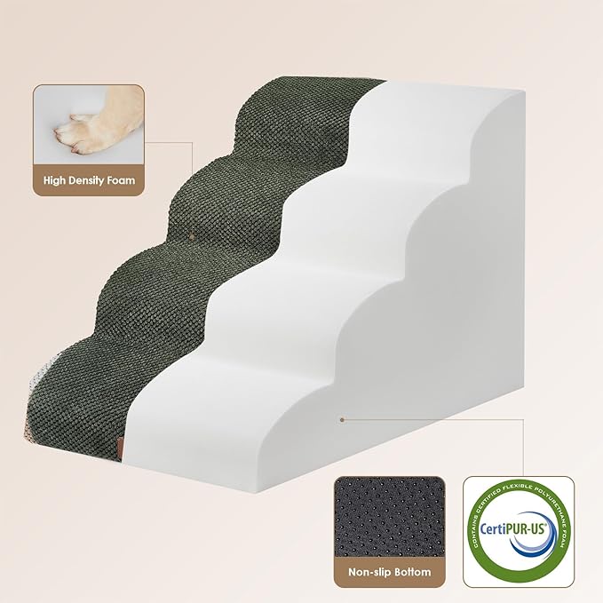 EHEYCIGA Curved Dog Stairs Ramp for High Beds 19.7" H, 4-Step Dog Steps for Small Dogs and Cats, Pet Stairs for High Bed Climbing, Non-Slip Balanced Pet Step Indoor, Military Green