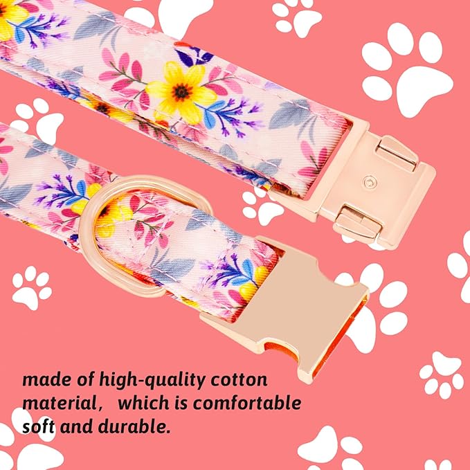 Dog Collar and Leash Set Girls Adjustable Puppy Collars with Floral Bow Tie for Small Medium Large Female Dogs, Pink Flower, S
