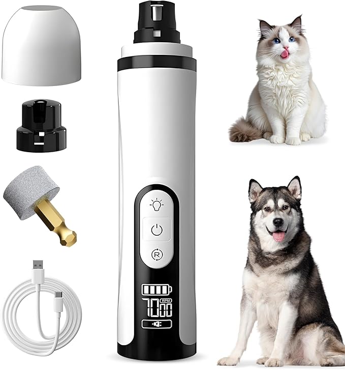 Upgrade Dog Cat Nail Grinder Cordless with LED Light & 3 Speeds, Dog Cat Nail Trimmer with 2000mAh Long-Lasting Battery for Thick Nails (1+1*Replacement Head)